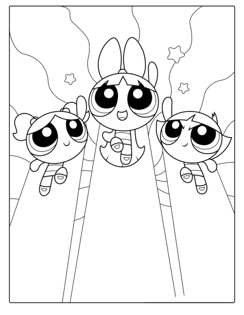 Die Powerpuff Girls fliegen gemeinsam hoch in den Himmel.