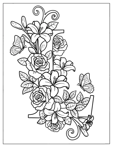 Des fleurs recouvrent une grande lettre L majuscule à empattements.