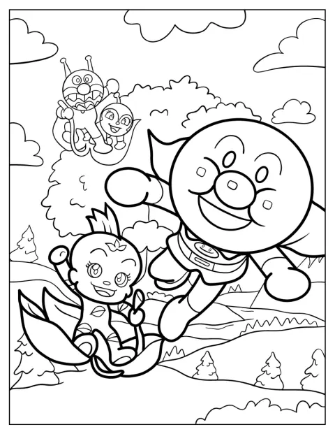 La princesse Cloverlove se tient avec Anpanman, Baikinman et Dokinchan.