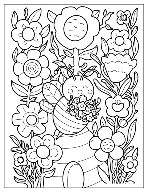 En sød bi flyver mellem blomster og samler nektar.
