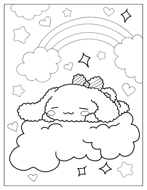 Allongé sur un nuage moelleux, Cinnamoroll dort à poings fermés.