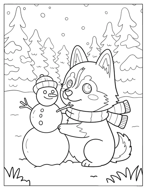 Con bufanda, un husky construye un muñeco de nieve en un paisaje invernal.
