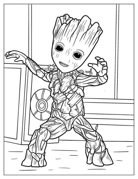 Teenage Groot danst vrolijk op de grond.