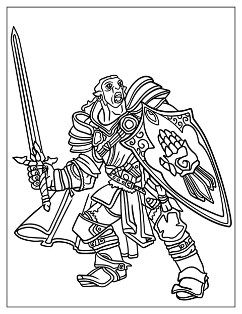 Um meio-orc empunha uma espada e segura um escudo.