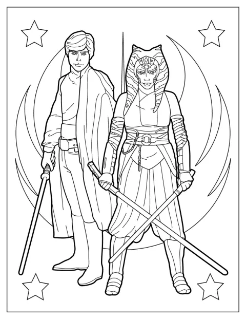 Ahsoka Tano står ved siden af Luke Skywalker.