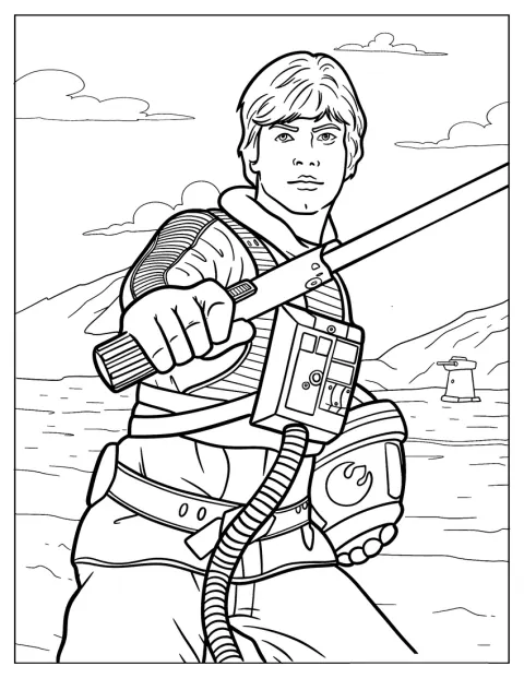 Luke Skywalker, îmbrăcat ca pilot, ține o sabie laser.