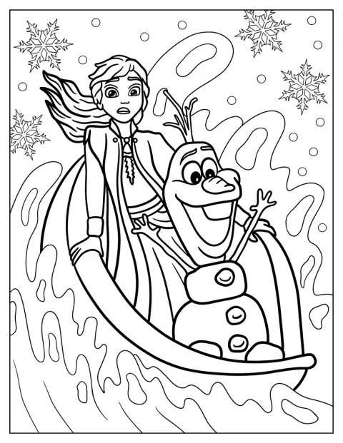 Anna og Olaf seiler i en isbåt på vannet.