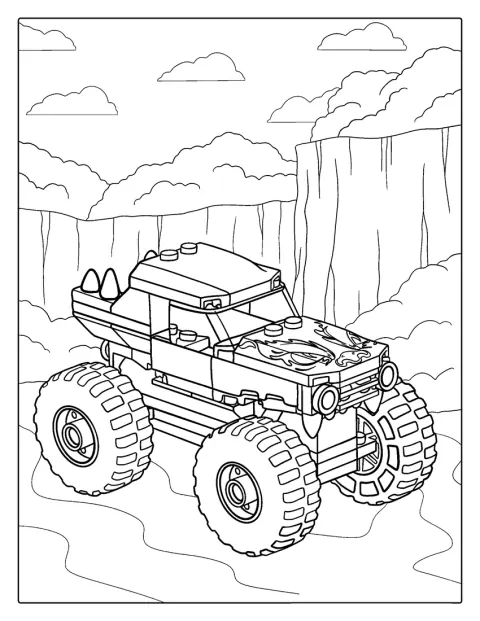 En monstertruck bygget af Lego ses forfra.