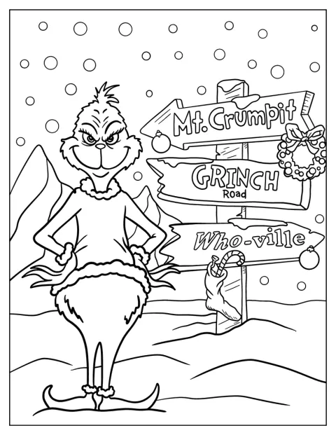 Grinch Standing In Front Of Wooden Signage Coloring Sheet