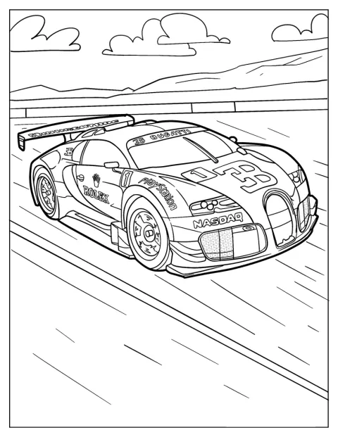 Szczegółowo przedstawiony Bugatti Veyron GTR pędzi podczas wyścigu.