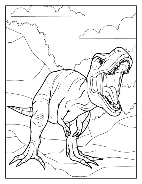 Un Tyrannosaurus Rex è raffigurato con squame e dettagli ben visibili.