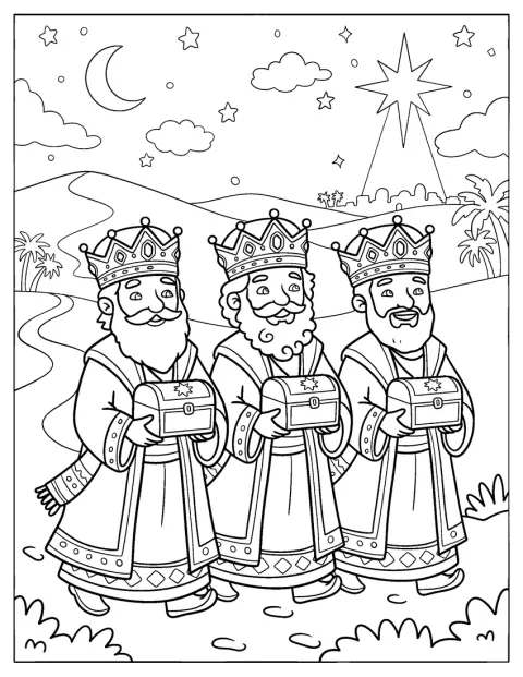 De drie wijzen volgen de kerstster aan de hemel.