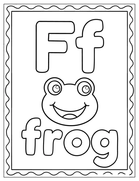 Ein lächelnder Frosch sitzt auf einer Karte neben dem Buchstaben F.
