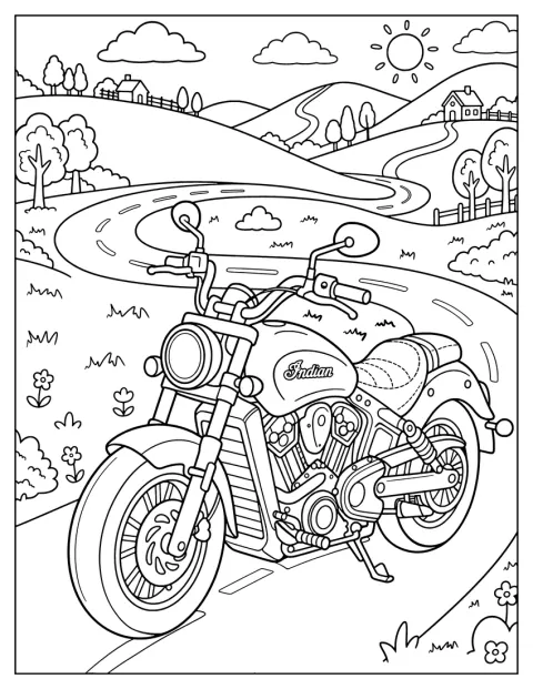 Une Indian Scout roule sur une route de campagne.