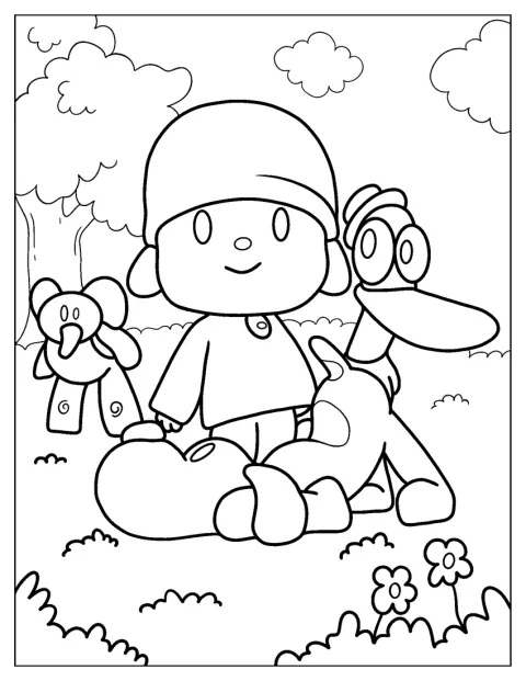 Pocoyo, Elly, Pato en Loula staan samen in een schattige kawaiistijl.