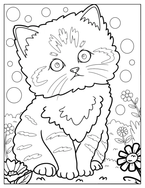 Un chaton rayé et espiègle se promène parmi les fleurs du jardin.