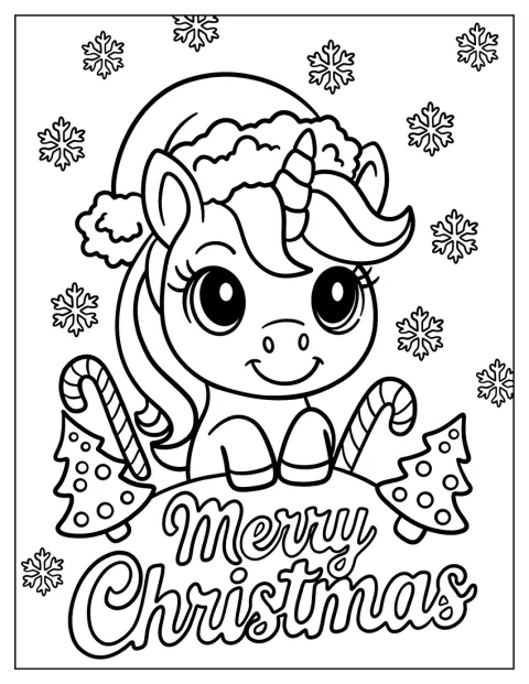 Un unicornio sonriente está rodeado de árboles, bastones de caramelo y copos de nieve.