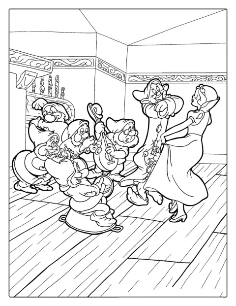 Blancanieves baila en una escena alegre.