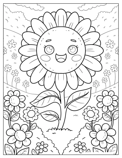 Un tournesol de dessin animé sourit dans un jardin.