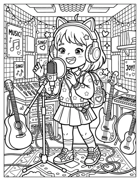 O fată cântă la microfon, purtând căști, într-un studio de înregistrări.