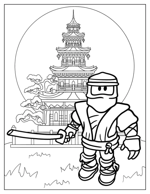 Neonový nindža z Robloxu stojí před japonským hradem.