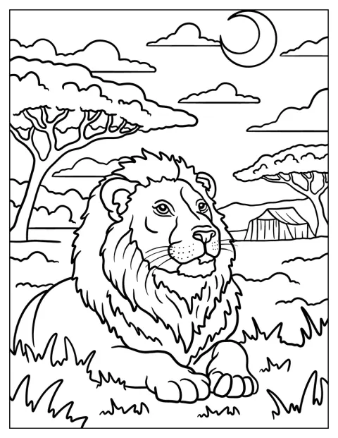 Um leão de aspeto realista descansa tranquilamente na relva, rodeado pela vegetação da selva.