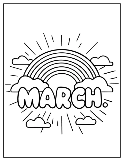 Prosta tęcza i puszyste chmury otaczają napis „Marzec”.