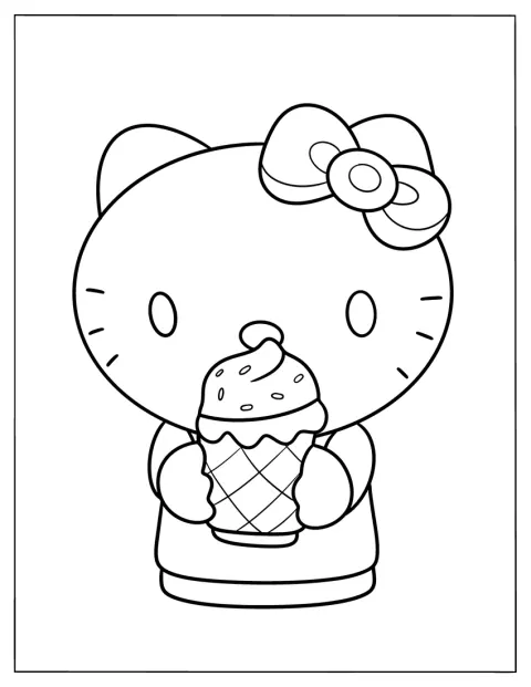 Hello Kitty ține un cornet mare cu înghețată.