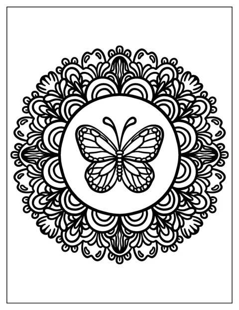 Una mariposa monarca aparece dentro de un mandala.