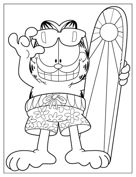 Med solbriller står Garfield ved sit surfbræt.