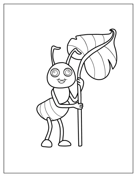 Uma formiga de estilo kawaii segura uma folha entre as patas.