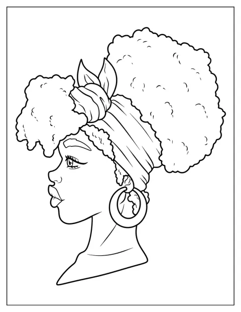 De perfil, uma menina negra usa cabelo afro preso por uma bandana.