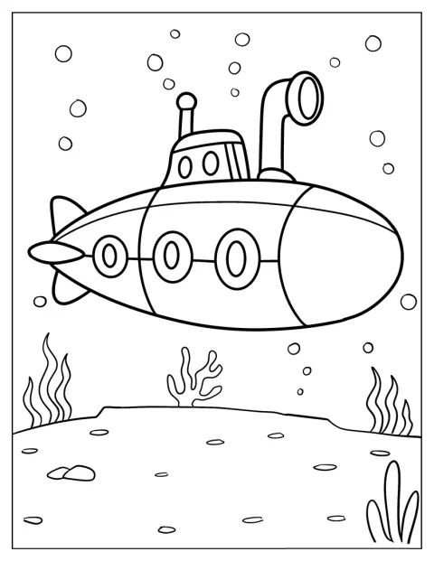 Een kleine chibi-onderzeeër met een lief gezichtje drijft in het water.