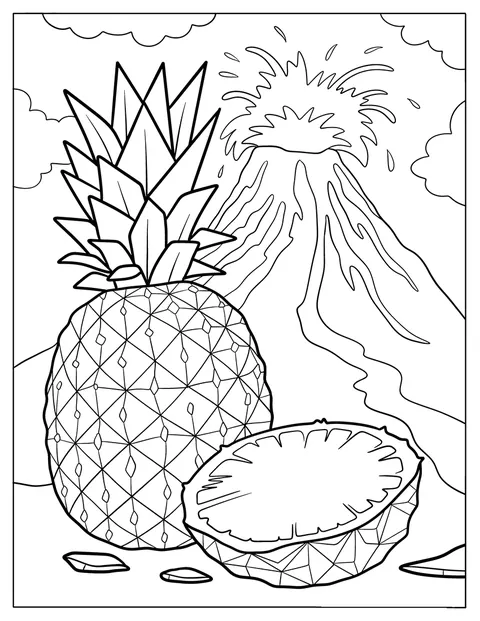 Een geometrische ananas staat naast een vulkaan die uitbarst.