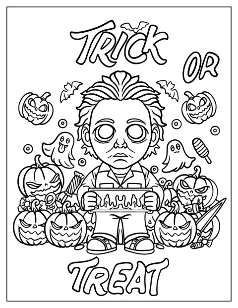 Chibi Michael Myers gaat trick-or-treaten in een schattige stijl.