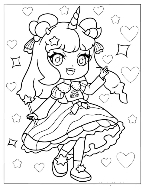 Una princesa chibi con cuerno de unicornio aparece rodeada de corazones y destellos.