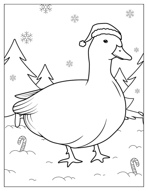 Um pato aparece rodeado por elementos decorativos de Natal.