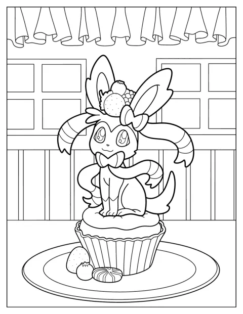 Sylveon se sienta encima de una magdalena.