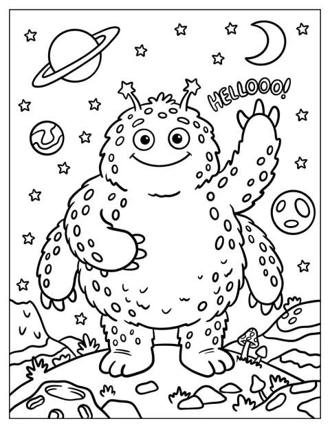 四本の腕を持つ毛むくじゃらの宇宙人が宇宙に浮かんでいます。