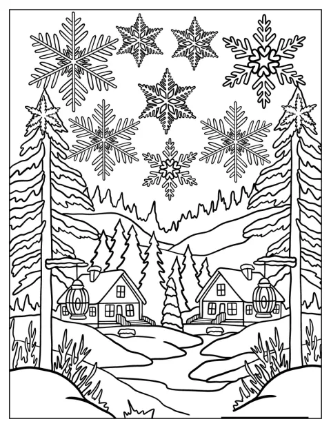 Een dorpje ligt tussen de bomen terwijl grote sneeuwvlokken uit de lucht vallen.