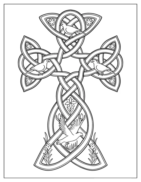 Easter For Adults Coloring Page of Celtic Cross with Doves Easter for Adults