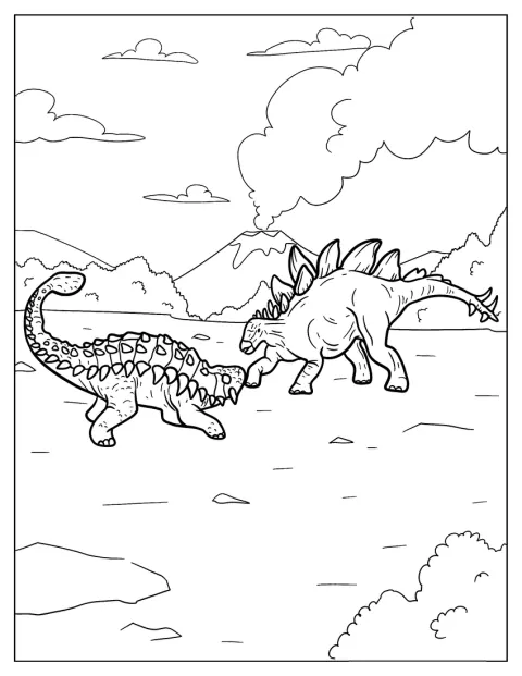 Uno Stegosaurus affronta un Ankylosaurus.
