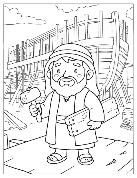 Der niedliche Chibi-Noah hämmert an der Arche und baut sie zusammen.