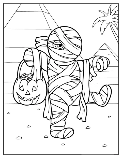 Een schattig mummie monster loopt met een snoepmand uit een piramide.