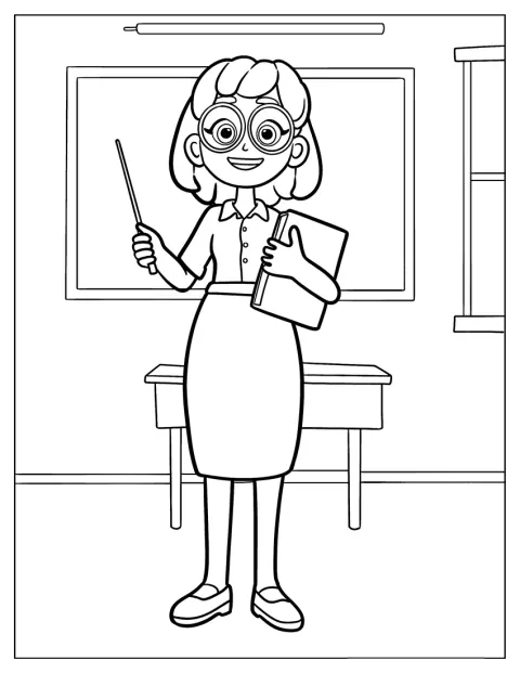I klassrummet står en lärare med kjol och glasögon.