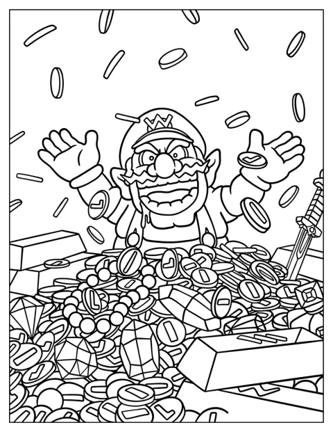 Wario se zbate printre monedele-ciupercă care îl înconjoară.