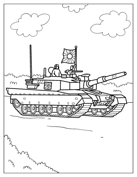 Trăgătorii ocupă turela unui tanc Type 90, lângă un drapel japonez.