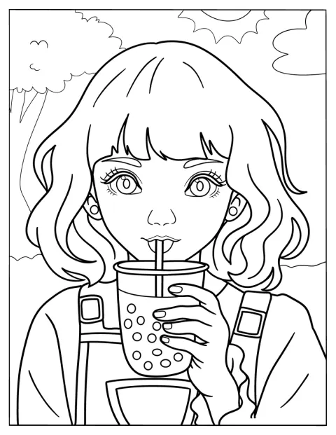En jente i kjeledress nyter en kopp bubble tea.
