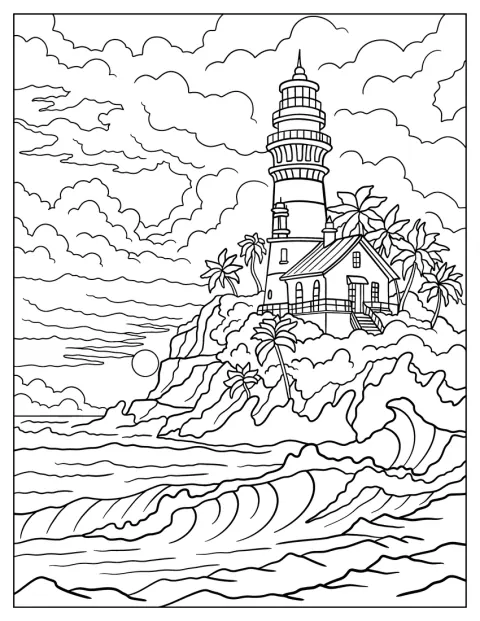 Store bølger slår ind omkring et fyrtårn ved kysten.