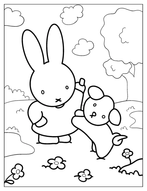 Miffy gioca con il suo cane Snuffy.